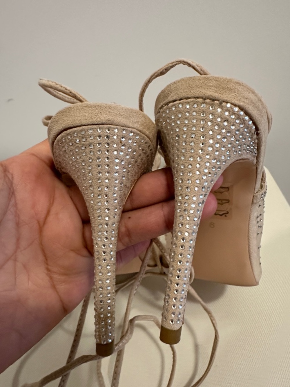 Le Chateau Crystal Beaded Nude Lace-Up Stiletto Sandal - Picture 9 of 11